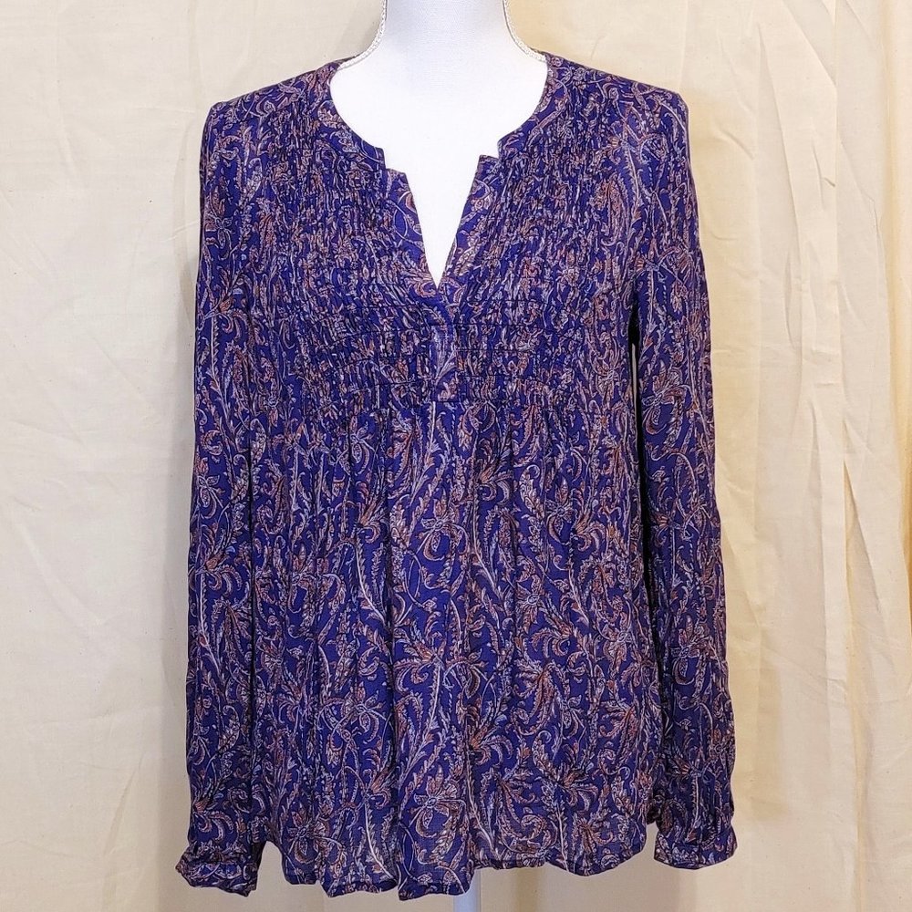 LUCKY BRAND - Blue & Orange Floral Print Long Sleeve Peasant Blouse